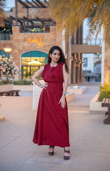 Burgundy linen dress C:IB1086