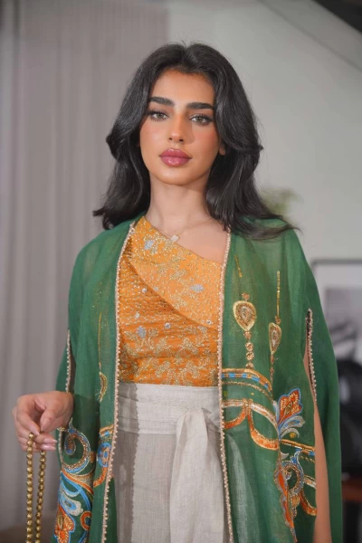 Green bisht with beige and orange linen dress with embroidery C:IB302